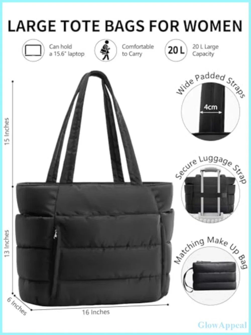 Puffy Quilted Tote Bag with 15.6